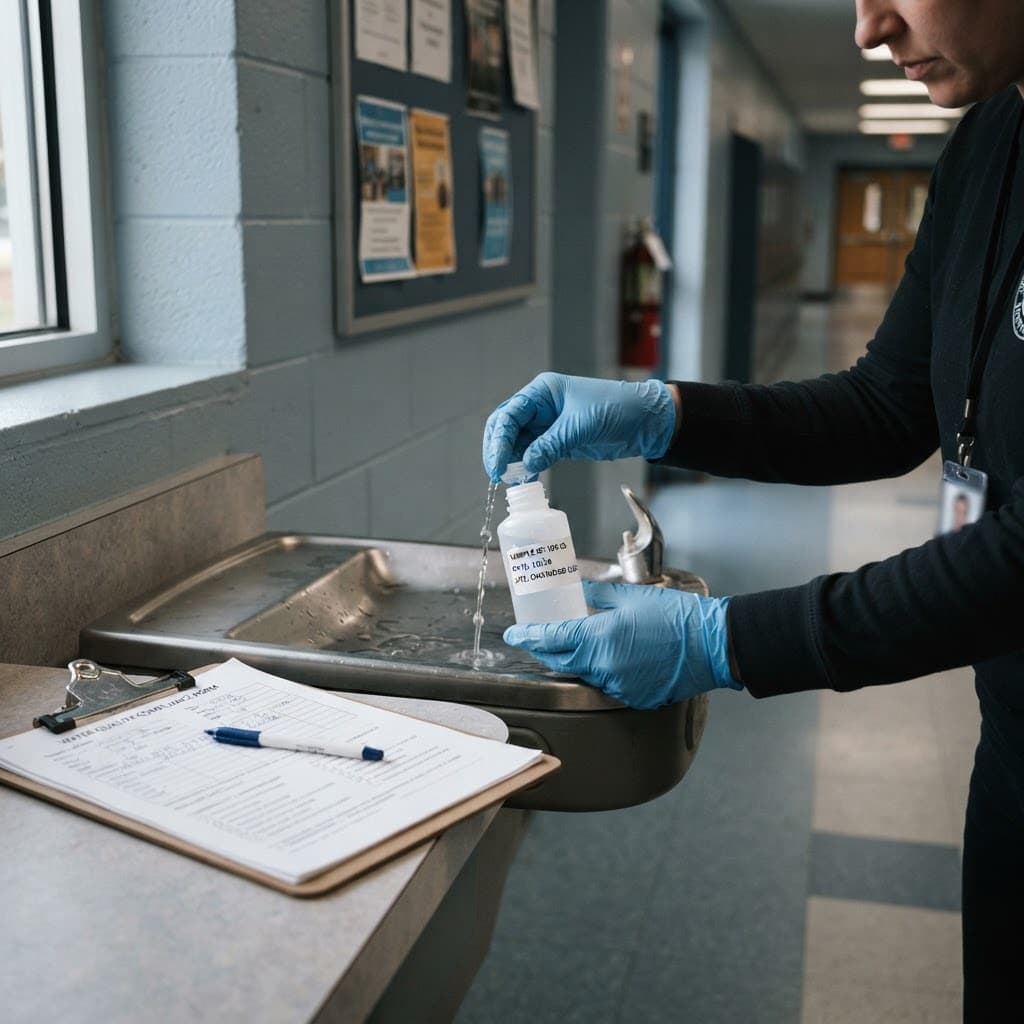 Certified technician collecting a potable water sample for bacteriological testing