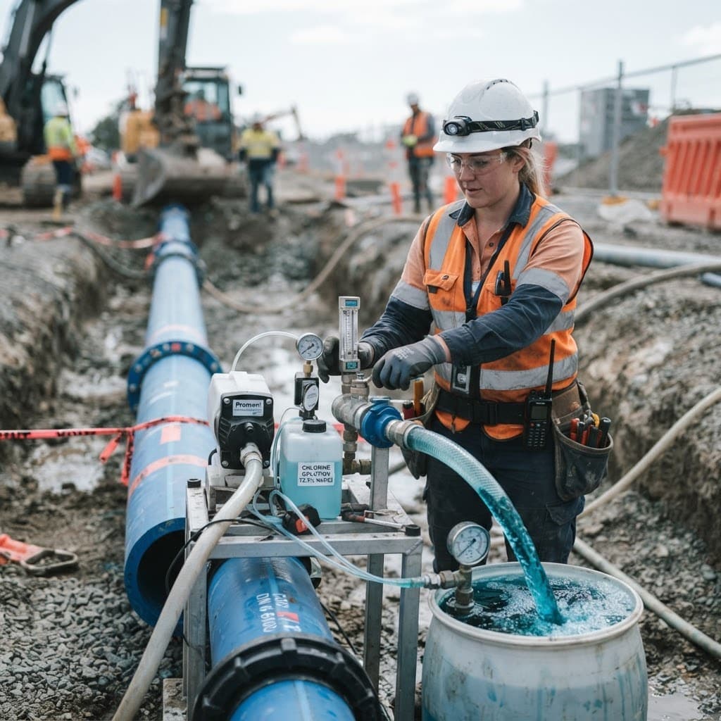 Technician operating chlorination equipment on newly installed potable water mains